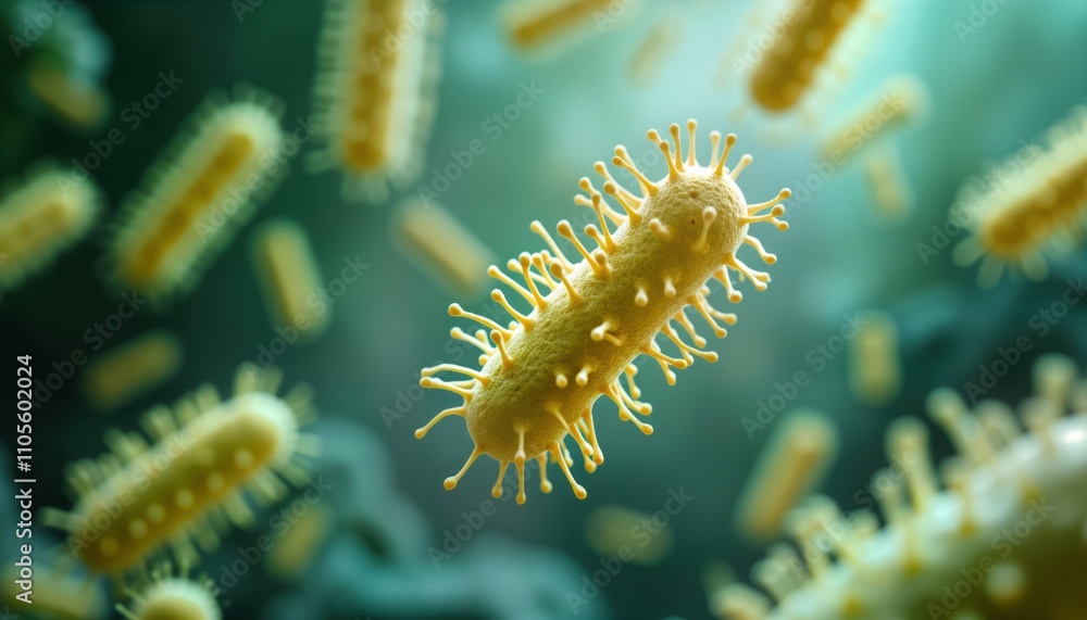 Poster microscopic view shows various yellow-gold bacteria in motion. prokaryotic microorganisms magnified.