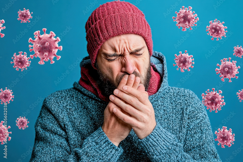 Poster a man in a knitted hat appears to be unwell, with a distressed expression, surrounded by floating vi