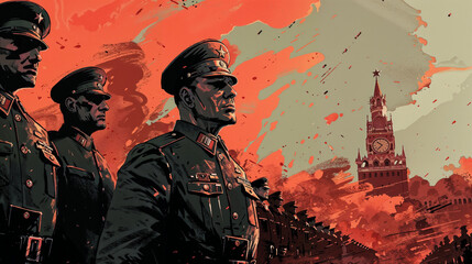 A dramatic illustration depicting a militaristic regime, with a towering Kremlin like structure looming over a parade of uniformed figures under a fiery sky. Military dictatorship illustration