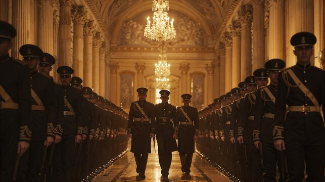 Stately, ornate interior with a grand chandelier and rows of uniformed officers standing at attention, suggesting a highly regimented, authoritarian environment. Military dictatorhip