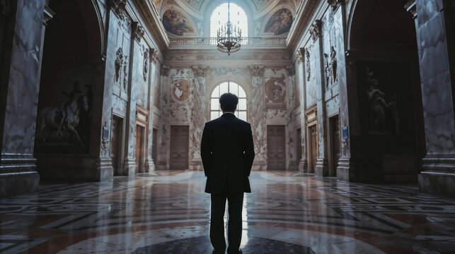 A lone figure of a man stands in awe within a grand, ornately decorated hall, dwarfed by the majestic architecture