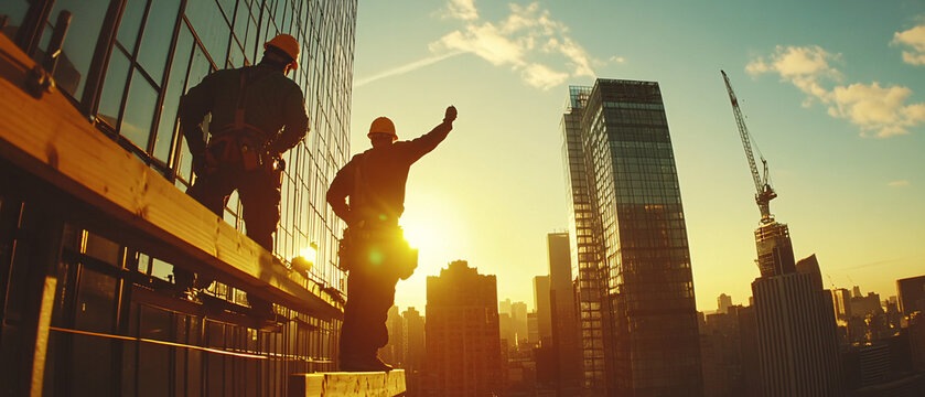 Construction Workers Celebrating Success at Sunset on Rooftop of Skyscraper