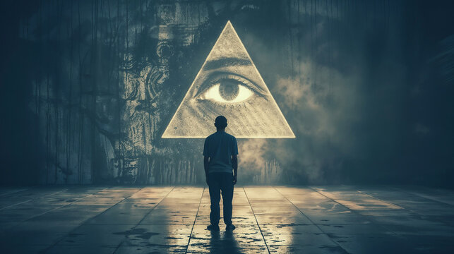 Conspiracy theory of the power of the Illuminati with the symbol of an eye inside a triangle and the silhouette of a person from behind looking at it like a sect acolyte