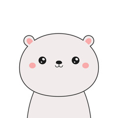 Obraz premium White polar bear face. Black contour doodle silhouette. Kawaii animal. Cute cartoon character. Funny baby with eyes, nose, pink ears, cheeks. Love Greeting card. Flat design. White background. Vector