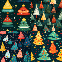 Collection Watercolor seamless pattern with snowy fir forest. Green background. Winter woodland pine trees. Christmas card, wallpaper, print for fabric . Christmas illustration. Jointless tiles