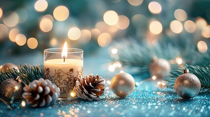 Elegant, light blue background with glittery bokeh sparkles, festive lighting, and soft focus to...