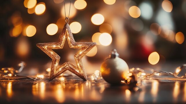 Elegant golden lights with dreamy star bokeh backdrop, setting a warm, festive atmosphere ideal for celebrations and joyful gatherings