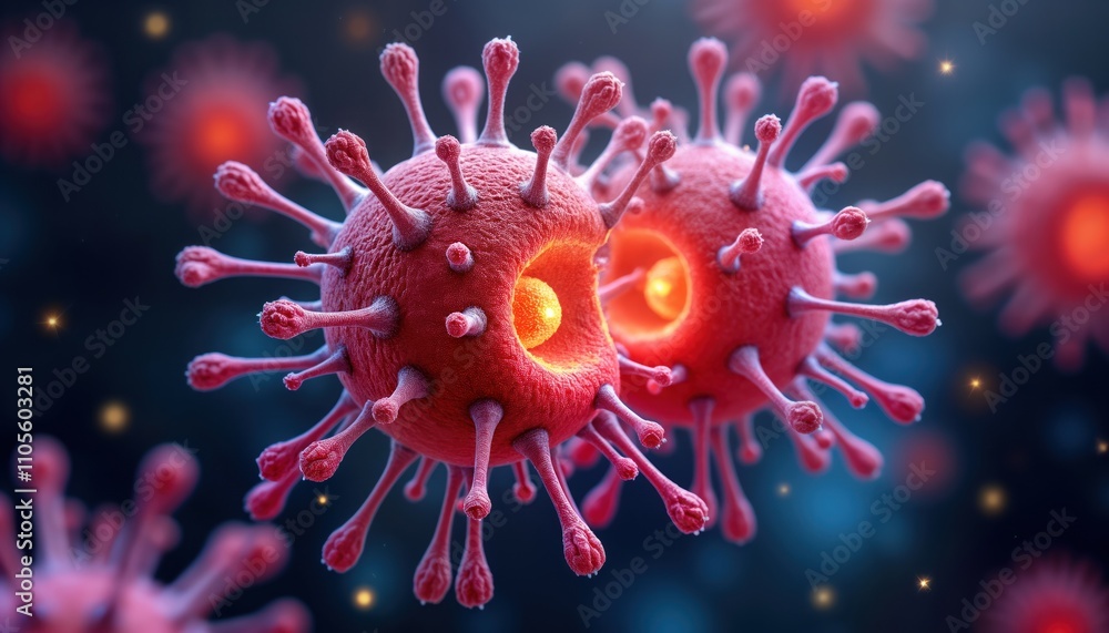 Poster Microscopic view shows multiple virus particles. Red sphere shapes with protrusions. Genetic material appears inside. Viral structure, likely type of coronavirus. Potential for use in scientific