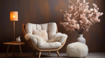 A sleek white fur armchair with a floor lamp in a minimalist modern living room. A perfect spot for relaxation and style.