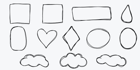 Sketch line frames, pointers. Doodle arrow, circle, oval and square shape frame, check mark elements. Freehand black marker, pen underline and navigation symbols.