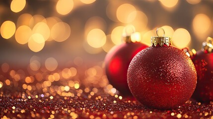 Fototapeta premium Festive red and gold holiday glow: A warm, defocused background of red and gold bokeh glitters, invoking holiday cheer with vintage-inspired brightness.