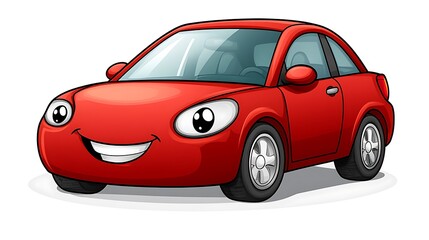 A clip art of a cartoon-style car in bright red with smiling headlights on a white background