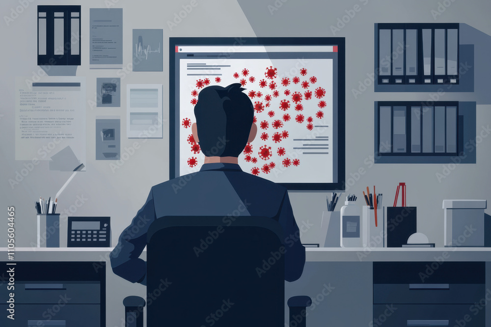 Poster a person sits at a desk, analyzing data displayed on a screen. the workspace is organized with docum