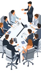 A group of business people sitting around the conference table, listening to one person presenting their ideas in an isometric style vector illustration