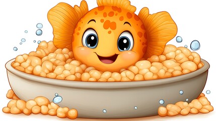 A clip art of a cartoon-style fish swimming in a wave pattern on a white background