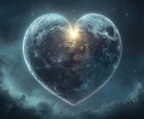 a moon heart shaped creating an eclipse pulsating rainbow energy, purple hue