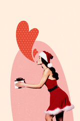 Sketch composite 3D photo collage artwork of holiday christmas december merry spirit attractive model young lady kiss heart hold present