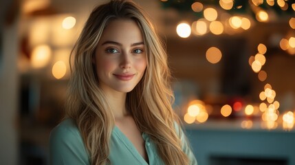 Obraz premium Half body shot of an Australian woman with long blonde hair, wearing a light green blouse, standing near a Christmas-themed break room with holiday lights and cookies, copy space, festive business