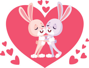 Romantic bunny couple with big heart. Love symbol