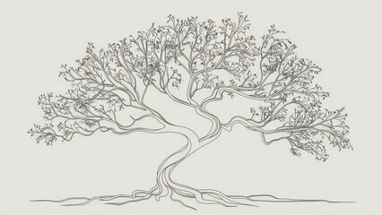 A minimalist line drawing of a tree with elegantly twisted branches and roots