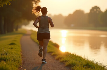beautiful overweight girl jogging by the river in the morning, soft light, copy space