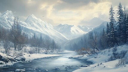 Obraz premium A Winding River Through a Snowy Mountain Valley