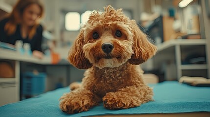 Adorable Fluffy Puppy Lying On A Blue Table