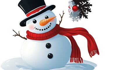 A clip art of a cheerful snowman with a red scarf and top hat on a white background