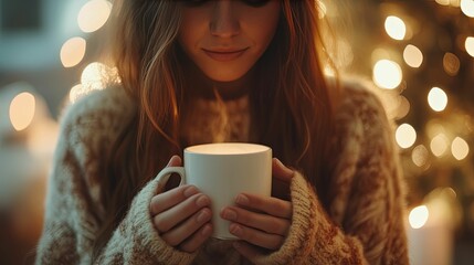 Woman Enjoys Warm Drink Near Christmas Lights