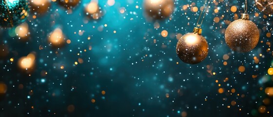 Christmas baubles and snowflakes scattered on a royal blue background selective focus festive glamour theme ethereal fusion winter festival backdrop