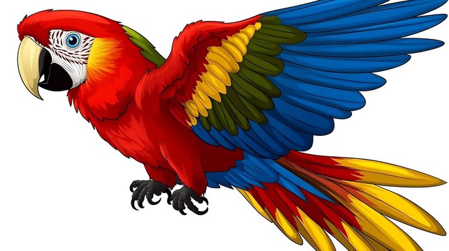 A clip art of a colorful parrot perched on a branch with tropical leaves on a white background