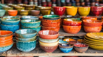 Vibrant street shopping: crockery sets and ceramics in a variety of colors