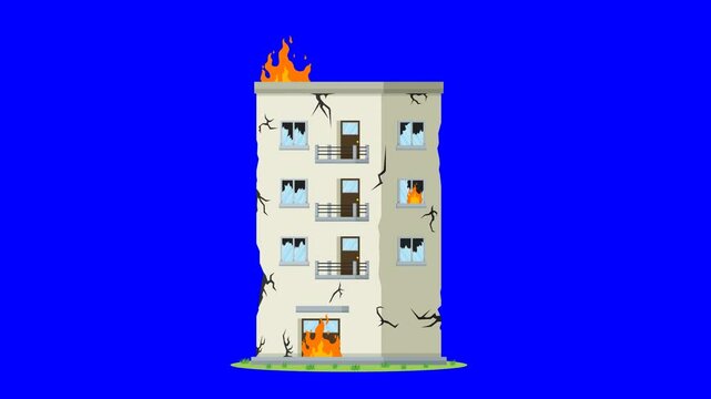 Animation of the concept of a hotel or apartment building experiencing a fire.