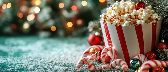 Redandwhite popcorn box decorated with candy canes and festive decorations on a green background copy space fun snack theme whimsical overlay movie night backdrop