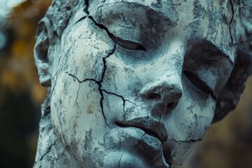 This peaceful cracked sculpture of a face presents a delicate balance of serenity and strength, highlighting the beauty in imperfection and human introspection.