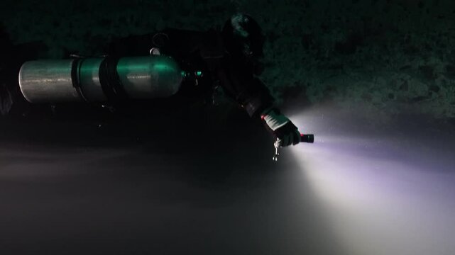 Diver dives between the halocline in a cenote in Mexico