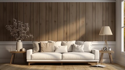 Spacious living room with white sofa and wooden panel wall. Panoramic window design creates a modern minimalist atmosphere.