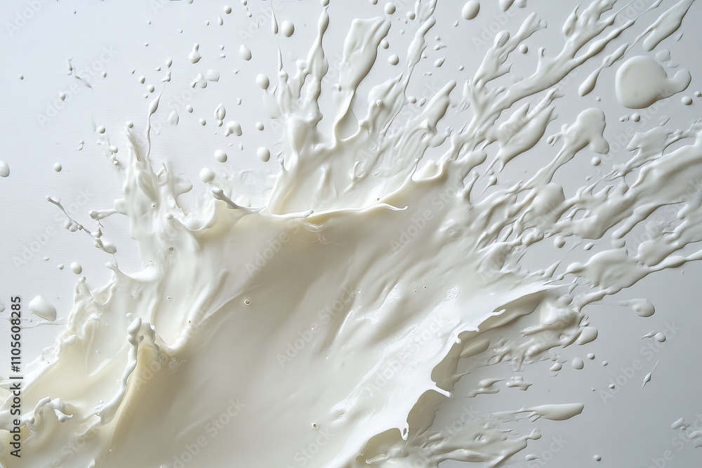 Poster a dramatic splash of creamy white liquid captured in dynamic motion, showcasing fluidity and energy,