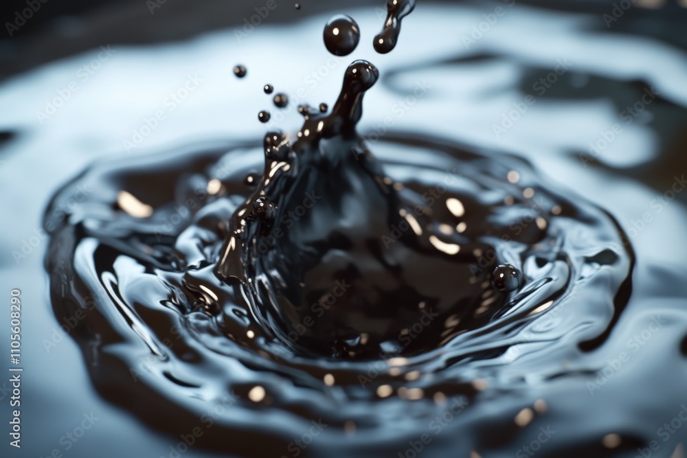 Poster a stunning splash of black liquid, showcasing fluid dynamics and dramatic expression, suitable for c