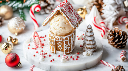 Delightful Eggnog Ice Cream Accompanied by a Mini Gingerbread House, Styled on a Marble Platter Adorned with Festive Decorations Like Candy Canes, Bells, and Snow-Dusted Pinecones for a Cozy Winter 