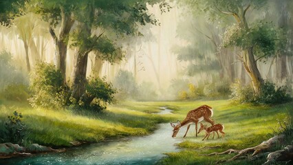 A serene forest glade bathed in soft and dappled light
