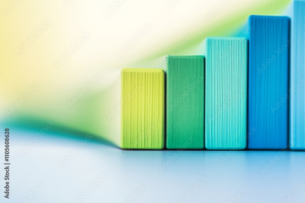 Aufkleber vibrant green and blue hues in a stack of wooden blocks set against a blurred background, creating a