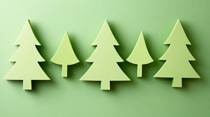Fototapeta premium Five Green Paper Christmas Tree Cutouts on a Green Background