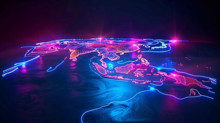 Neon outlines illuminate the geography of the Philippines, showcasing its islands at night