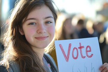 A cheerful young girl with brown hair holds a white sign with a handwritten 'Vote', promoting the importance of youth engagement in civic duties and elections.