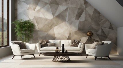 Fototapeta premium Contemporary living room with white sofa, armchair, and a unique animal skin wall decor. A stylish and natural approach to interior design.