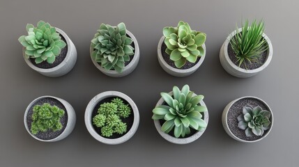 Obraz premium A collection of vibrant green succulent plants arranged in modern concrete pots.
