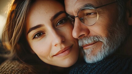 A Young Woman And Older Man Embrace Closely