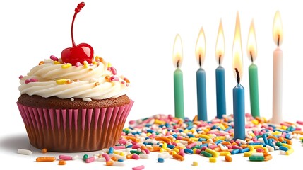 A clip art of a pink cupcake with sprinkles and a cherry on top on a white background