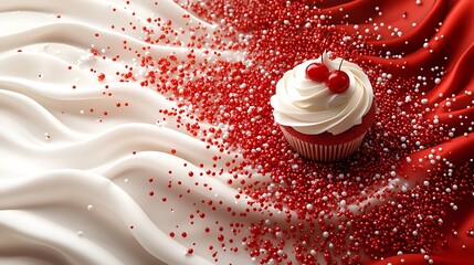 A clip art of a pink cupcake with sprinkles and a cherry on top on a white background